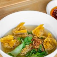 Wonton Noodle Soup · Four shrimp pork wontons made fresh to-order with egg noodle and authentic Hong Kong style s...