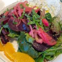 Red Beets Salad · goat cheese, red onions, and orange segments