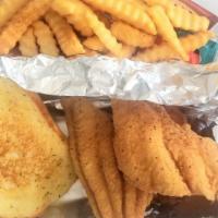 Fish Basket (3) · Fried catfish, fries & slice of bread.