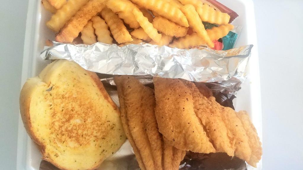 Fish Basket (3) · Fried catfish, fries & slice of bread.