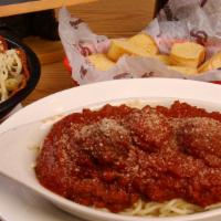 2 Meat Balls W/ Baked Spaghetti & Cheese In Meat Sauce · Served with meat sauce and baked with mozzarella provolone cheese and 2 meatballs, 3 pieces ...