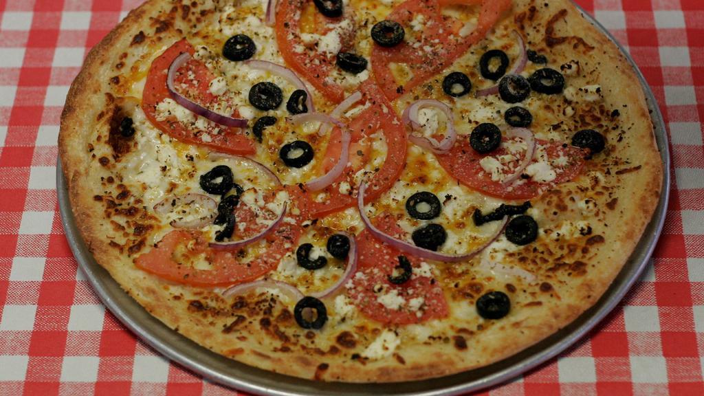 Mediterranean Style Pizza · Tomatoes, onions, black olives, feta, 6 different cheeses, dusted with Italian and Greek spices and parmesan cheese. WHITE PIZZA NO SAUCE.