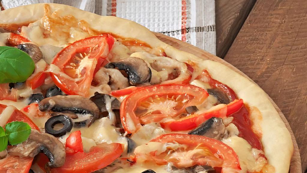 Vegetarian Pizza · Mushroom, onions, green peppers, fresh tomatoes and olives.