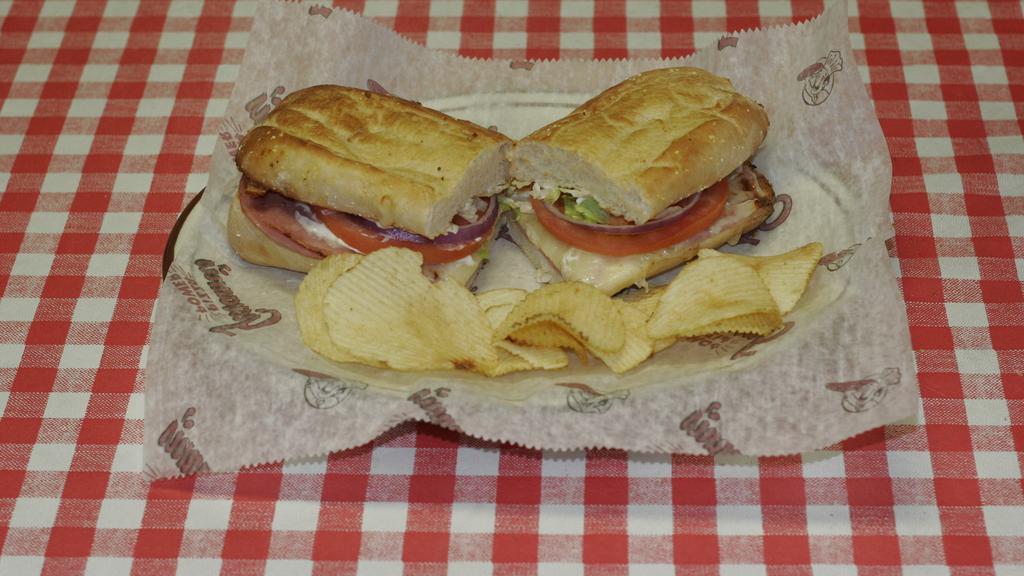 Hot Ham And Cheese Sub · Crisp lettuce, mayo, tomato, onion and cheese on a golden brown bun.