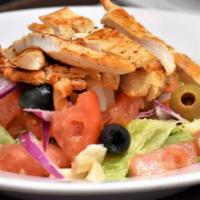House Salad · Lettuce, tomato, onions, olives, hearts of palm, croutons.