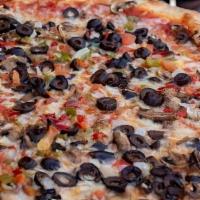 Small Veggie Pizza · Homemade pizza sauce, mushrooms, peppers, onions, black olives and tomatoes.