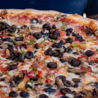 Large Veggie Pizza · Homemade pizza sauce, mushrooms, peppers, onions, black olives and tomatoes.
