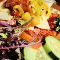 Antipasto Salad · Field greens, tomatoes, cucumbers, onions, salami, pepperoni, Kalamata olives, Grande provol...