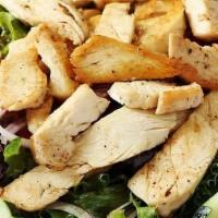 Grilled Chicken Salad · Field greens, grilled chicken, tomatoes, cucumbers, and onions served with choice of homemad...