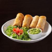 Chicken Flautas ~ · Two ﬂour tortillas ﬁlled with shredded chicken, rolled & fried to a golden brown.
Served wit...