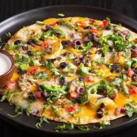 Blk Beans & Veggies Pizza ~ · We take a large ﬂour tortilla crust and top it with sautéed veggies & black beans, and sprin...