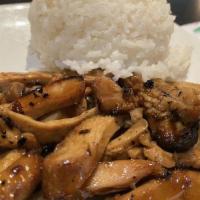 Teriyaki Chicken · Grilled chicken tossed with house sweet teriyaki sauce served with steamed white rice.