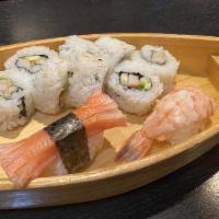 Sushi Boat · California roll, nigiri shrimp and nigiri kanikama.
