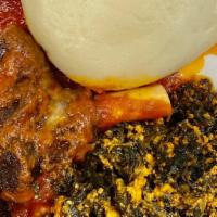 Iyan (Pounded Yam) W/ Beef Or Chicken · Served with efo egusi, efo riro, ogbono, ewedu, cassava leaf or okra and red stew with beef ...