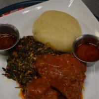 Fufu W/ Fish Or Goat · Served with efo egusi, efo riro, ogbono, ewedu, cassava leaf or okra and red stew with fish ...