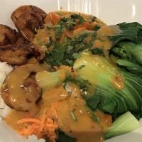 Thai Curry · Spicy. Bowl served with sautéed Chinese broccoli. Choice: grilled shrimp, chicken, tofu or p...