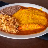 Cheese Enchiladas · (3) enchiladas. Served with Spanish rice and refried beans.