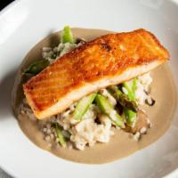 Jail Island Salmon · spring pea & carrot risotto, carrot cream sauce
 *contains dairy*