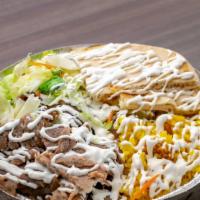 Beef Gyro Platter (Lamb) · Gyros originate from Greece and are a platter made with pita bread, yellow rice, and gyro me...