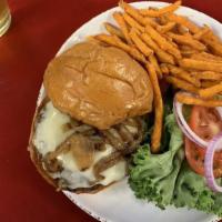 Bison Bistro Burger · Bison Smash Patty Topped with Horseradish Chive Havarti, Stout Onions and Fig Preserves on a...