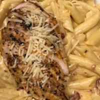 Alfredo · Penne pasta tossed with alfredo cream sauce. Choice of protein: grilled chicken, shrimp and ...