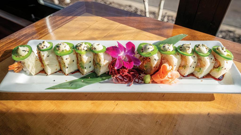 Sesame Street · Tempura shrimp, avocado, cream cheese, spicy crab, and jalapeños wrapped in soy paper, then topped with rosemary wasabi aioli and unagi