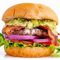 Guacamole Bacon Burger · Topped with Pepper Jack cheese, Applewood-smoked bacon and guacamole