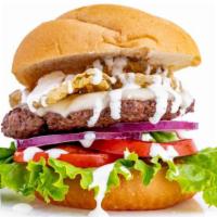 Fried Pickle Burger · Provolone cheese, over famous fried pickles and our house made ranch dressing.