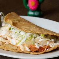 Quesadilla Maiz · Homemade corn tortilla. Stuffed with Oaxaca cheese, sour cream, lettuce and side of homemade...