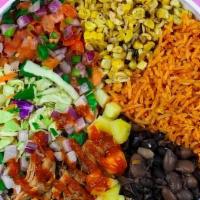 Carnitas Bowl · Danny's favorite. Rice, beans, slaw, pico de gallo, corn. Gluten-free.