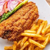 Catfish Sandwich · A catfish filet seasoned, fried and served with dill mayo and french fries.