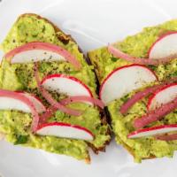 Avocado Toast   · Vegan. Citrus avocado, sliced radish, cilantro gremolata & pickled onions.