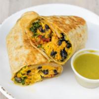 Baja Burrito · Scrambled eggs, red bell peppers and onions, black beans, cheddar cheese, and avocado all wr...