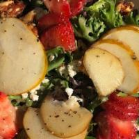 Pear & Strawberry Salad · Gluten free. Mixed greens, sliced pear, strawberry, feta, house made candied almonds, with r...