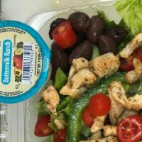 Grilled Chicken Salad · Grilled chicken, lettuce, tomatoes, green peppers, onions, cucumbers, black olives and peppe...