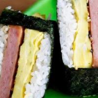 Spam Musubi · Rice, Fried Spam, Egg and Furikake Layered and Wrapped in Nori