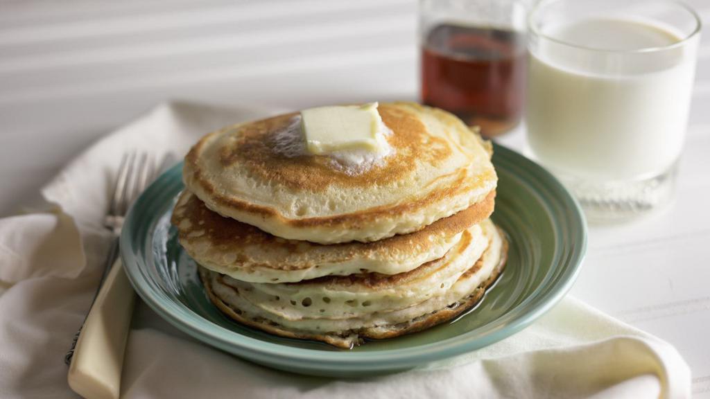 Pancakes · Three delicious and fluffy pancakes. Comes with one syrup container.