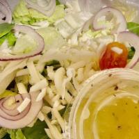 Side House Salad · Fresh mixed greens and tomatoes, onions, olives, and cheese.