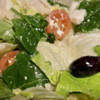 Mediterranean Salad · Fresh mixed greens topped with tomatoes, mediterranean olives, onions, and feta cheese tosse...