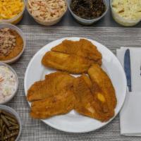 #2 Tilapia Platter · 2 pieces of fried Tilapia with your choice of two sides. Regular size sides are included, la...