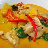 Pumpkin Curry (Hh) · Thai yellow curry with coconut milk, bell pepper, onion and asian pumpkin served with jasmin...