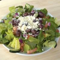 Greek Salad · Tomatoes, green peppers, red onions, Kalamata olives, and chopped romaine lettuce. Topped wi...