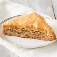 Large Baklava (Piece) · Layers of filo dough filled with walnuts, cinnamon and honey syrup.