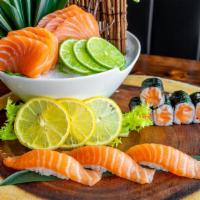 Salmon Lover · Three pieces of salmon sushi, six pieces salmon sashimi and salmon roll.