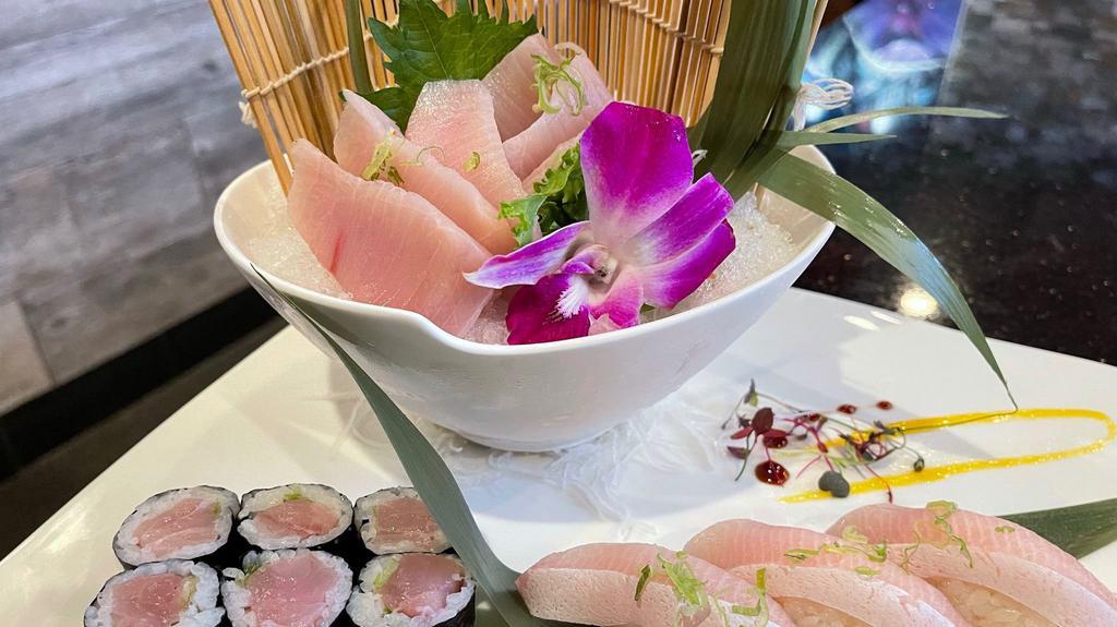 Yellowtail Lover · Three pieces of yellowtail sushi, six pieces of yellowtail sashimi and yellowtail roll.