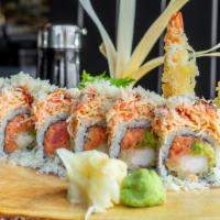 Bumblebee Roll · Shrimp tempura. Spicy tuna, avocado, top with spicy crabmeat, crunch, masago, miso and eel s...