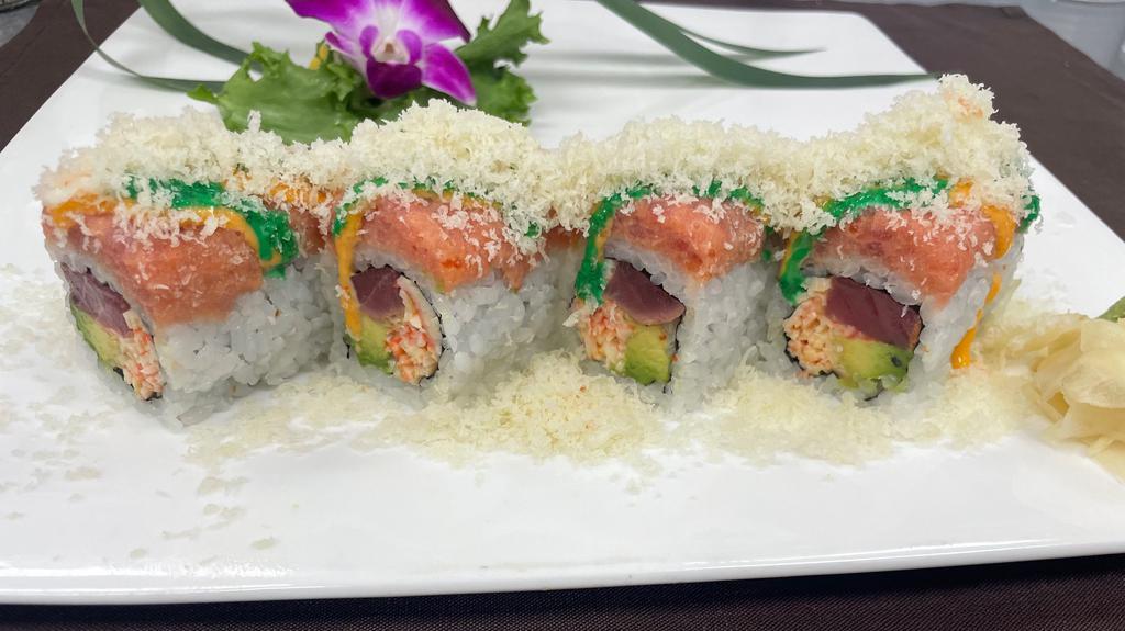 Angry Tuna Roll · Black pepper tuna, avocado, spicy crab meat, outside spicy tuna with crunch, tobiko, wasabi sauce.