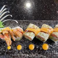 Tiger Roll · Soft-shelled crab, spicy tuna, cucumber, and avocado with marble kombu wrap, eel sauce.