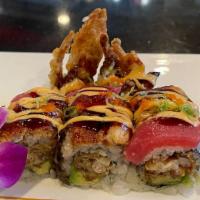 Yorokobi Roll · Soft shell crab, cucumber, avocado, top with tuna and eel, scallion, tobiko, eel and spicy s...