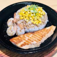 Salmon And Shrimp · Grilled Salmon fillet and shrimp, served with buttery corn and rice.